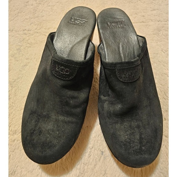 UGG black Suede Sz.9. UK7.5. ER.40. Mules. Wooden Heals. Slipon. Comfy. Leather - Picture 10 of 14